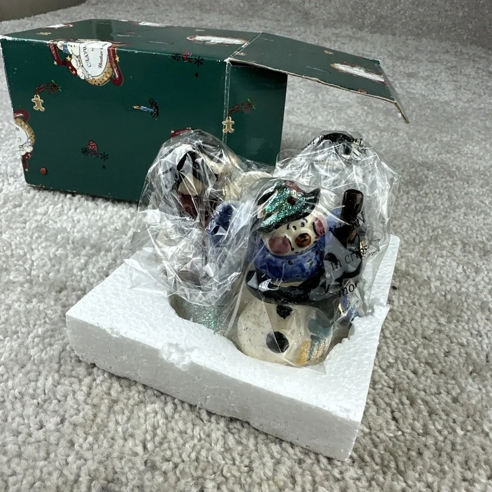 Heather Goldminc 2001 Christmas Clayworks Candle Holder Snowman Snowmen Blue Sky
